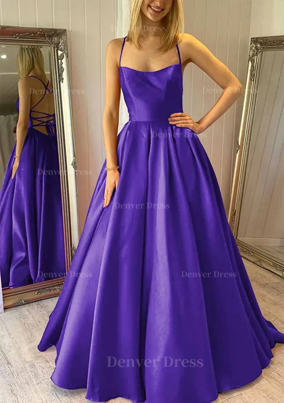 Ball Gown Square Neckline Sleeveless Satin Sweep Train Prom Dress With Pleated Pockets