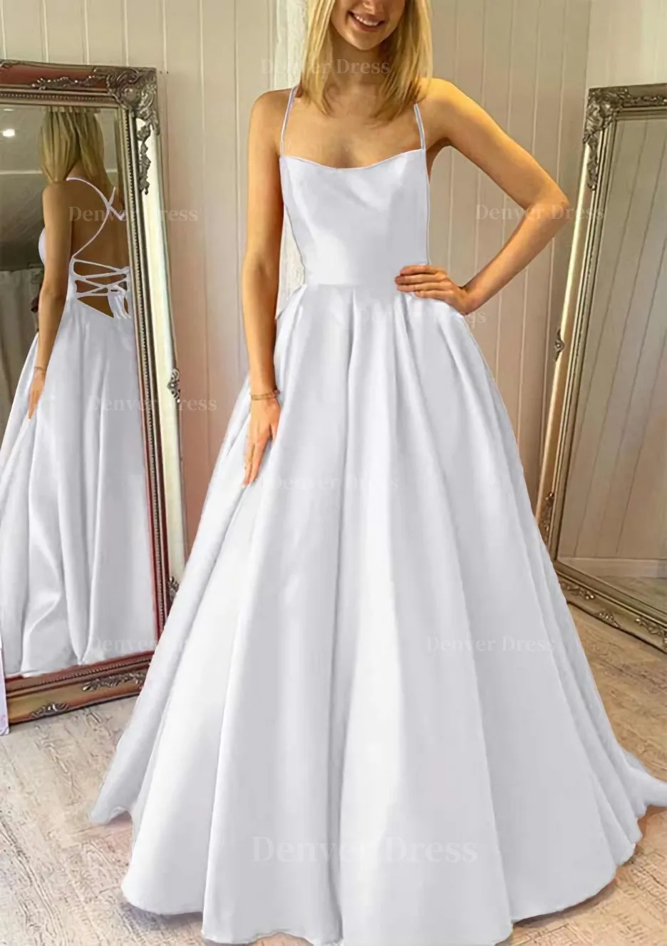 Ball Gown Square Neckline Sleeveless Satin Sweep Train Prom Dress With Pleated Pockets