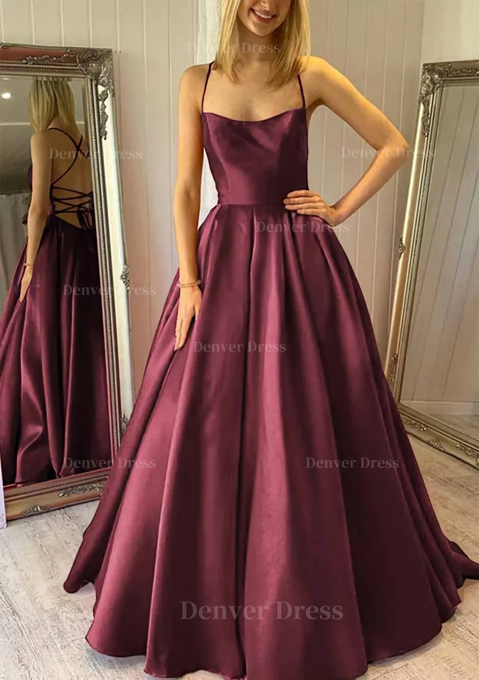 Ball Gown Square Neckline Sleeveless Satin Sweep Train Prom Dress With Pleated Pockets