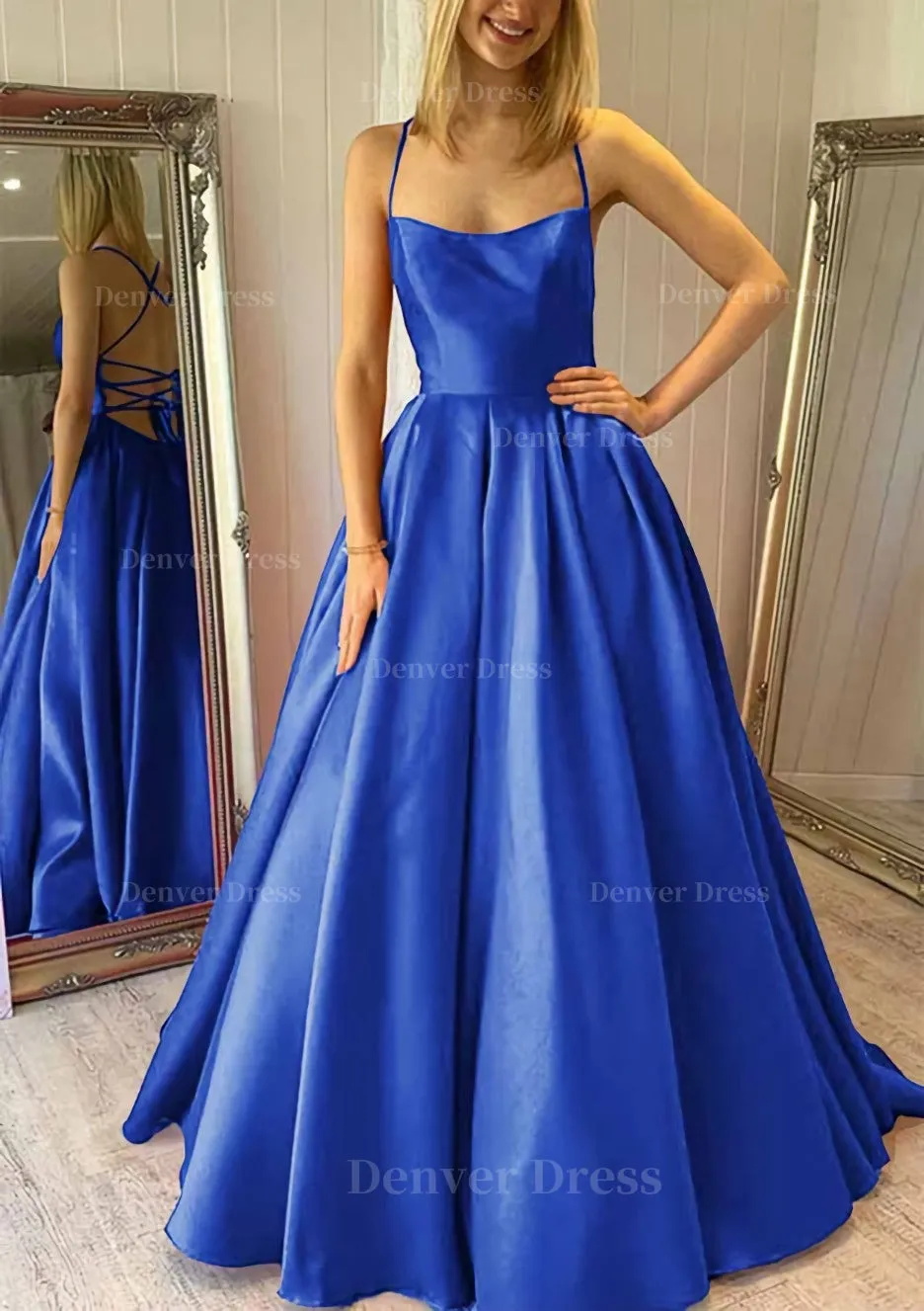 Ball Gown Square Neckline Sleeveless Satin Sweep Train Prom Dress With Pleated Pockets