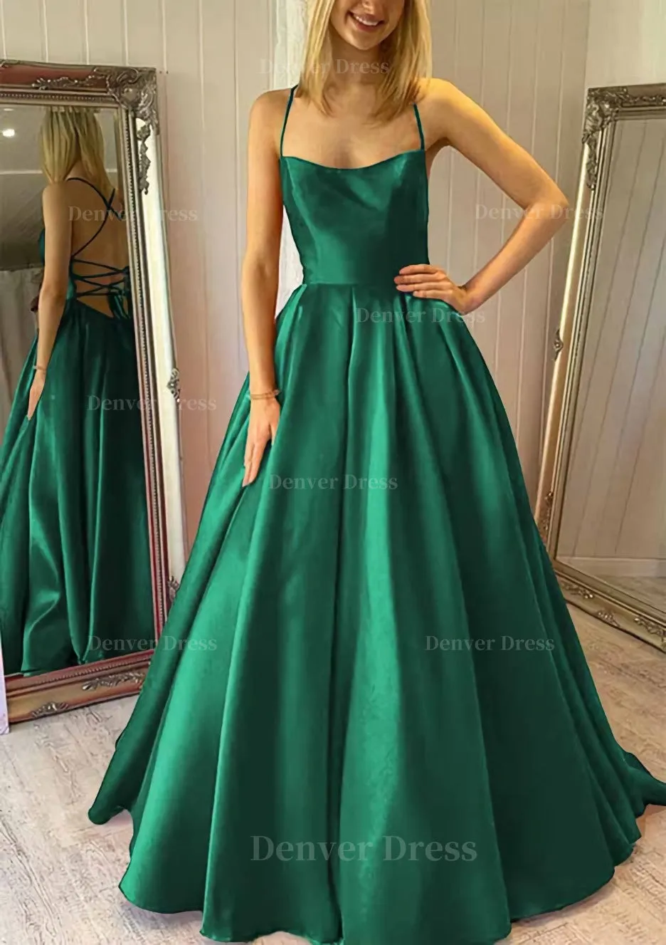 Ball Gown Square Neckline Sleeveless Satin Sweep Train Prom Dress With Pleated Pockets