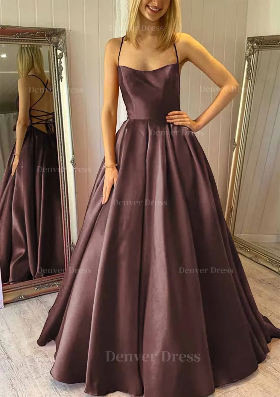 Ball Gown Square Neckline Sleeveless Satin Sweep Train Prom Dress With Pleated Pockets