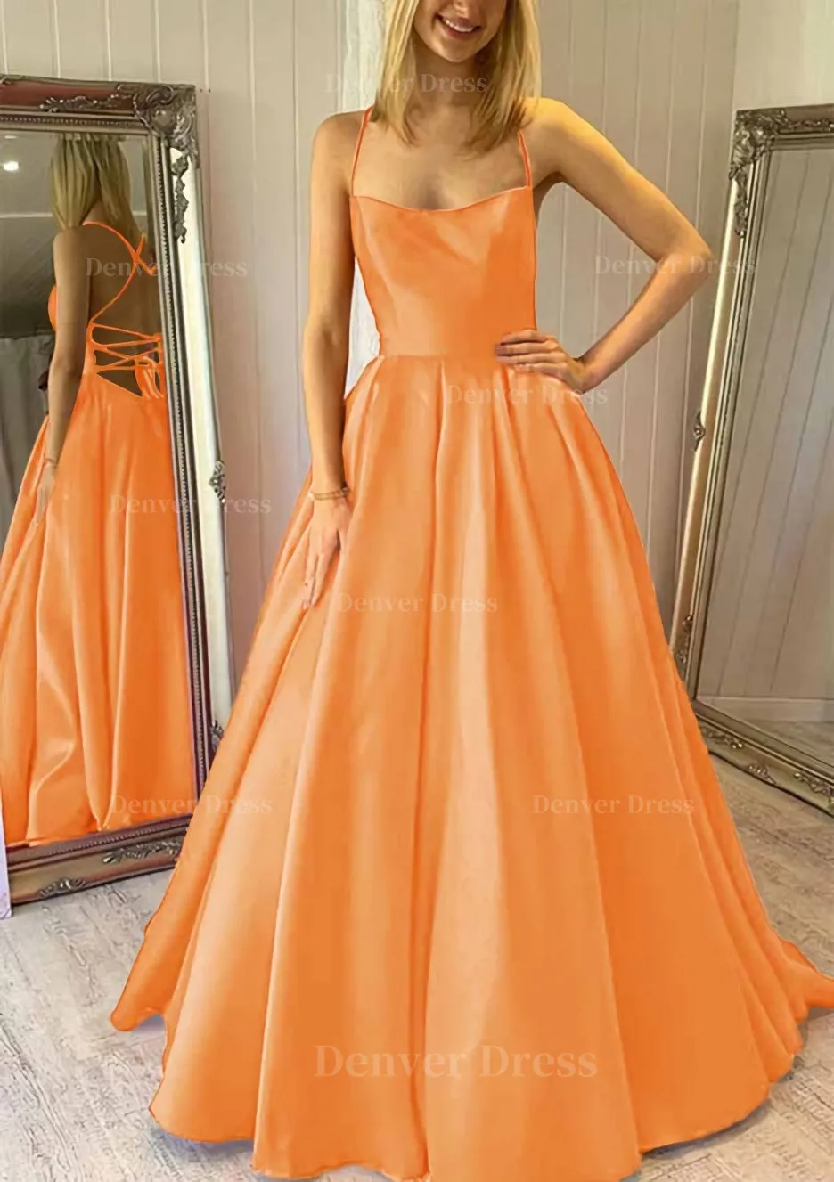 Ball Gown Square Neckline Sleeveless Satin Sweep Train Prom Dress With Pleated Pockets