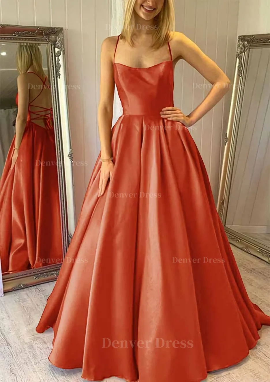 Ball Gown Square Neckline Sleeveless Satin Sweep Train Prom Dress With Pleated Pockets