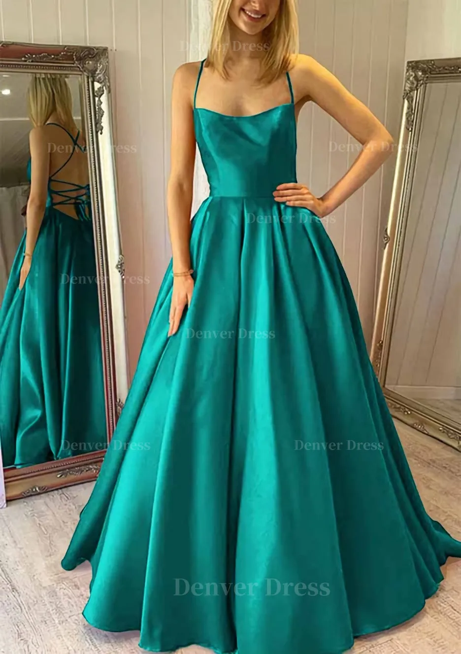 Ball Gown Square Neckline Sleeveless Satin Sweep Train Prom Dress With Pleated Pockets