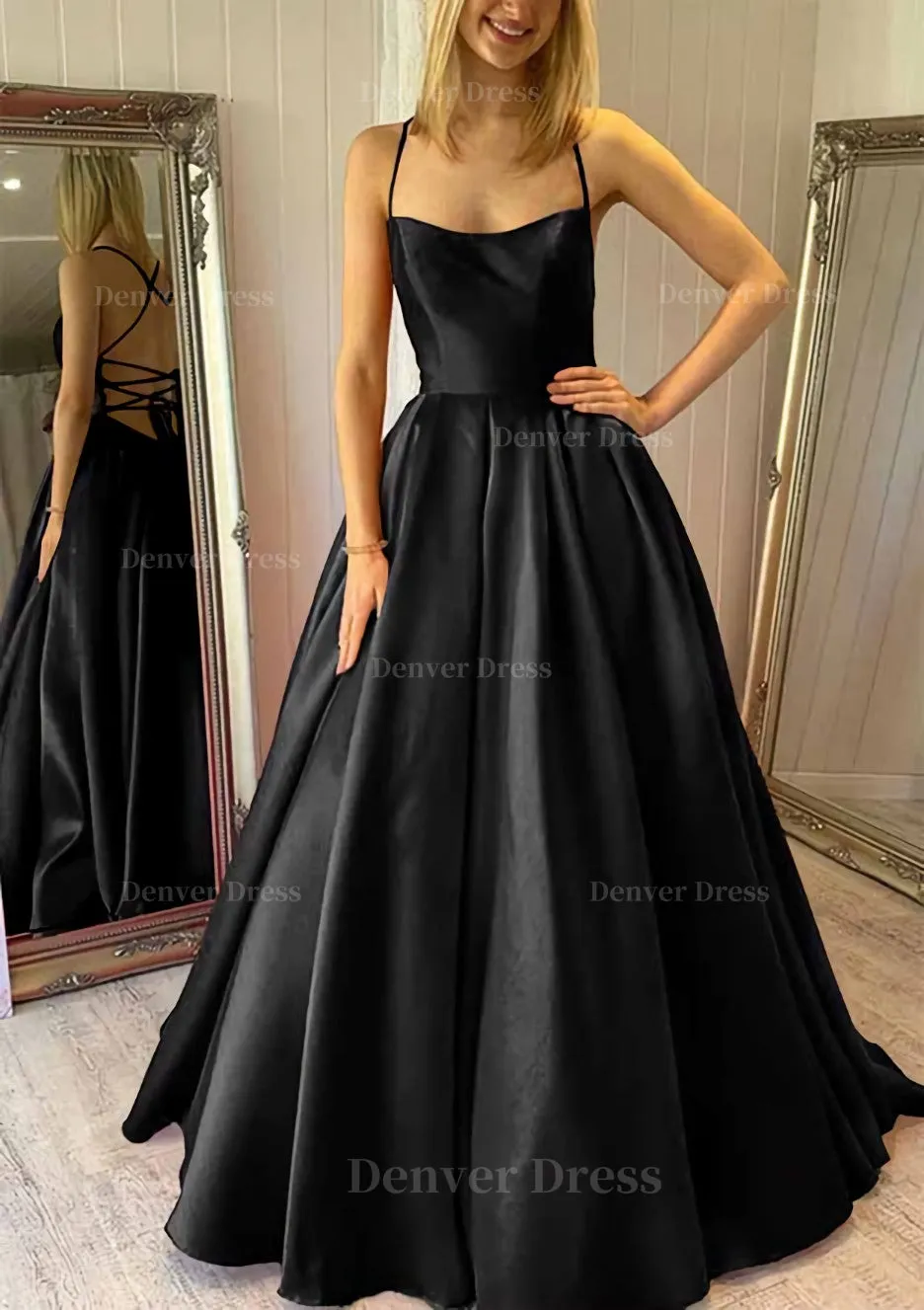 Ball Gown Square Neckline Sleeveless Satin Sweep Train Prom Dress With Pleated Pockets