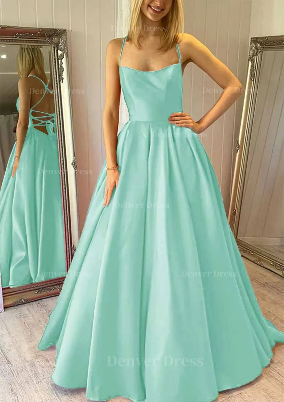 Ball Gown Square Neckline Sleeveless Satin Sweep Train Prom Dress With Pleated Pockets