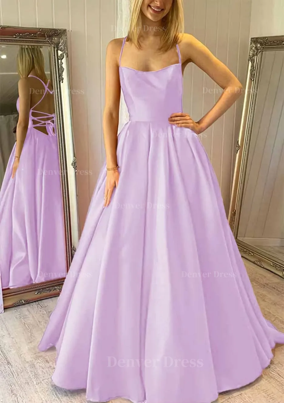 Ball Gown Square Neckline Sleeveless Satin Sweep Train Prom Dress With Pleated Pockets