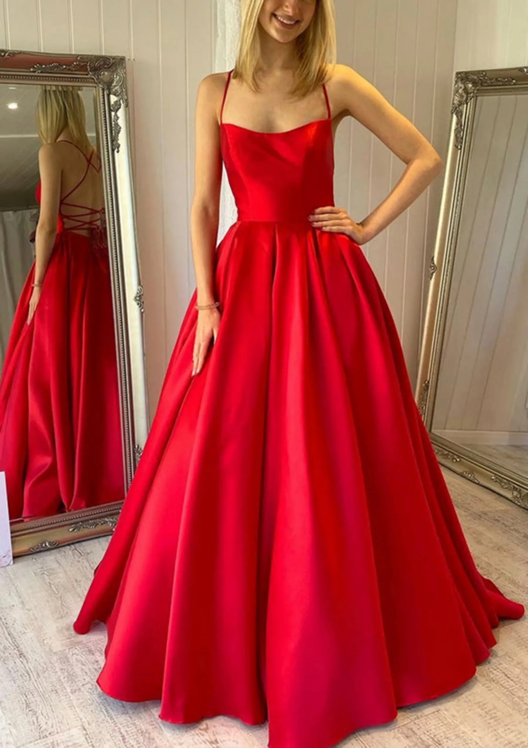 Ball Gown Square Neckline Sleeveless Satin Sweep Train Prom Dress With Pleated Pockets