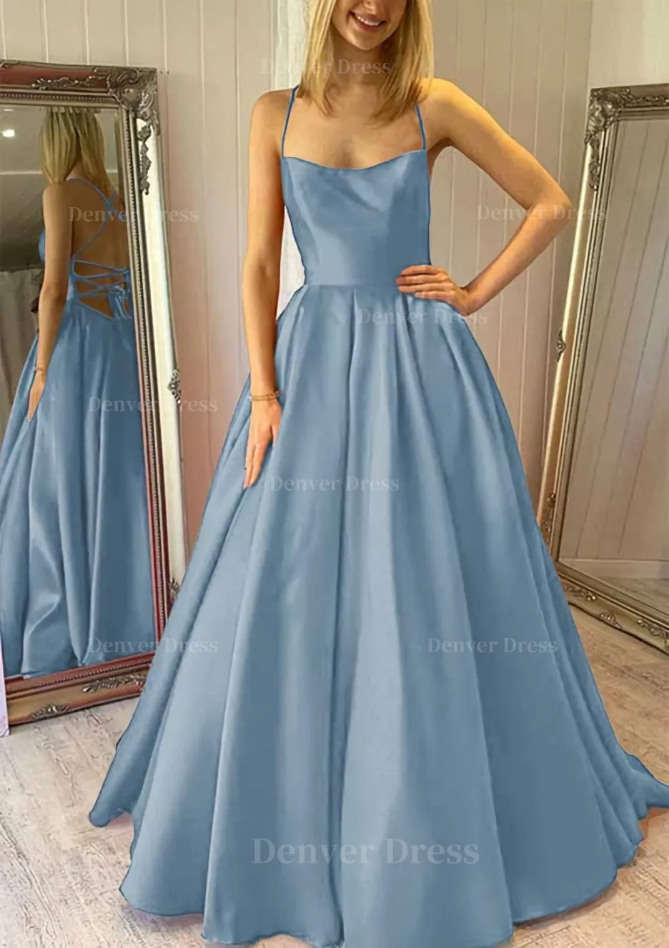 Ball Gown Square Neckline Sleeveless Satin Sweep Train Prom Dress With Pleated Pockets