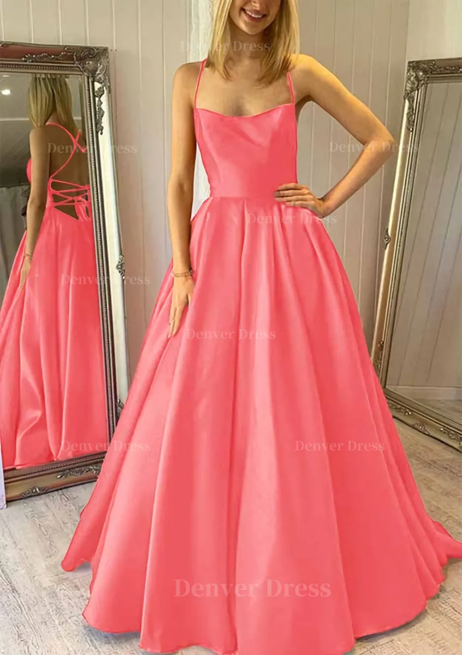 Ball Gown Square Neckline Sleeveless Satin Sweep Train Prom Dress With Pleated Pockets