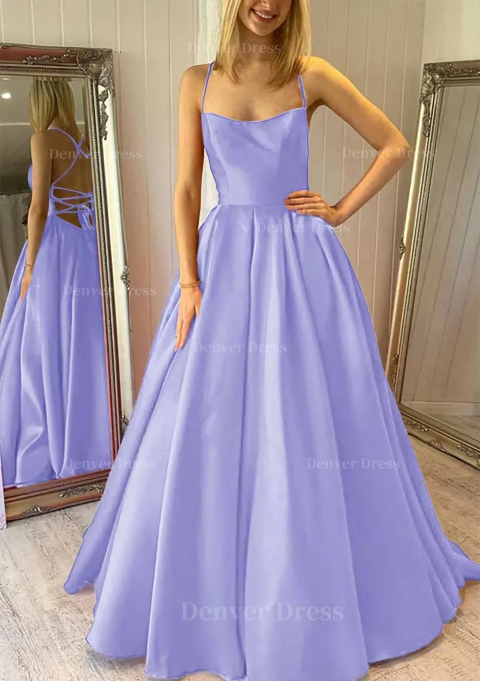 Ball Gown Square Neckline Sleeveless Satin Sweep Train Prom Dress With Pleated Pockets