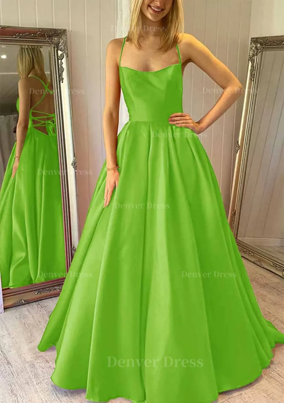 Ball Gown Square Neckline Sleeveless Satin Sweep Train Prom Dress With Pleated Pockets