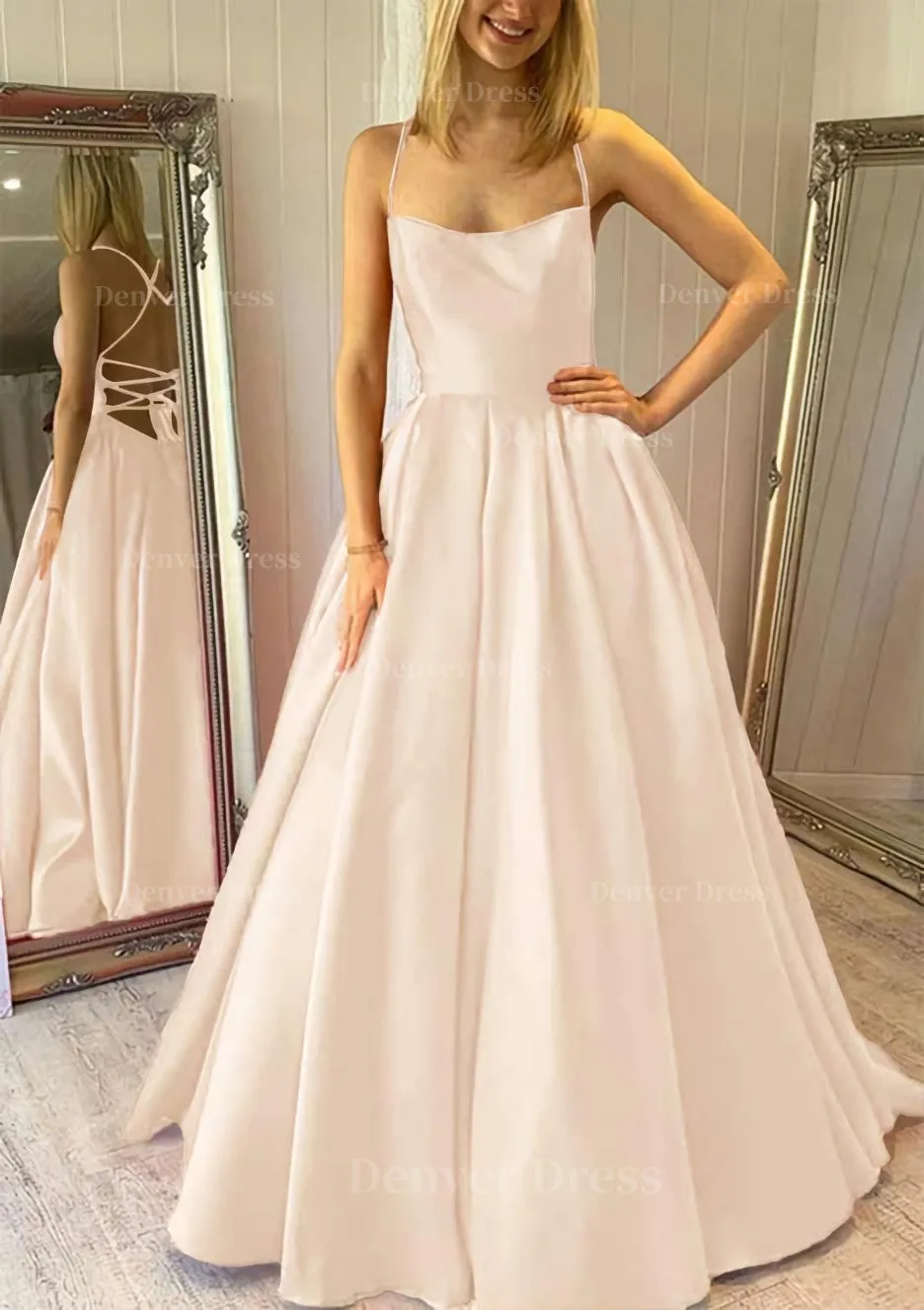 Ball Gown Square Neckline Sleeveless Satin Sweep Train Prom Dress With Pleated Pockets