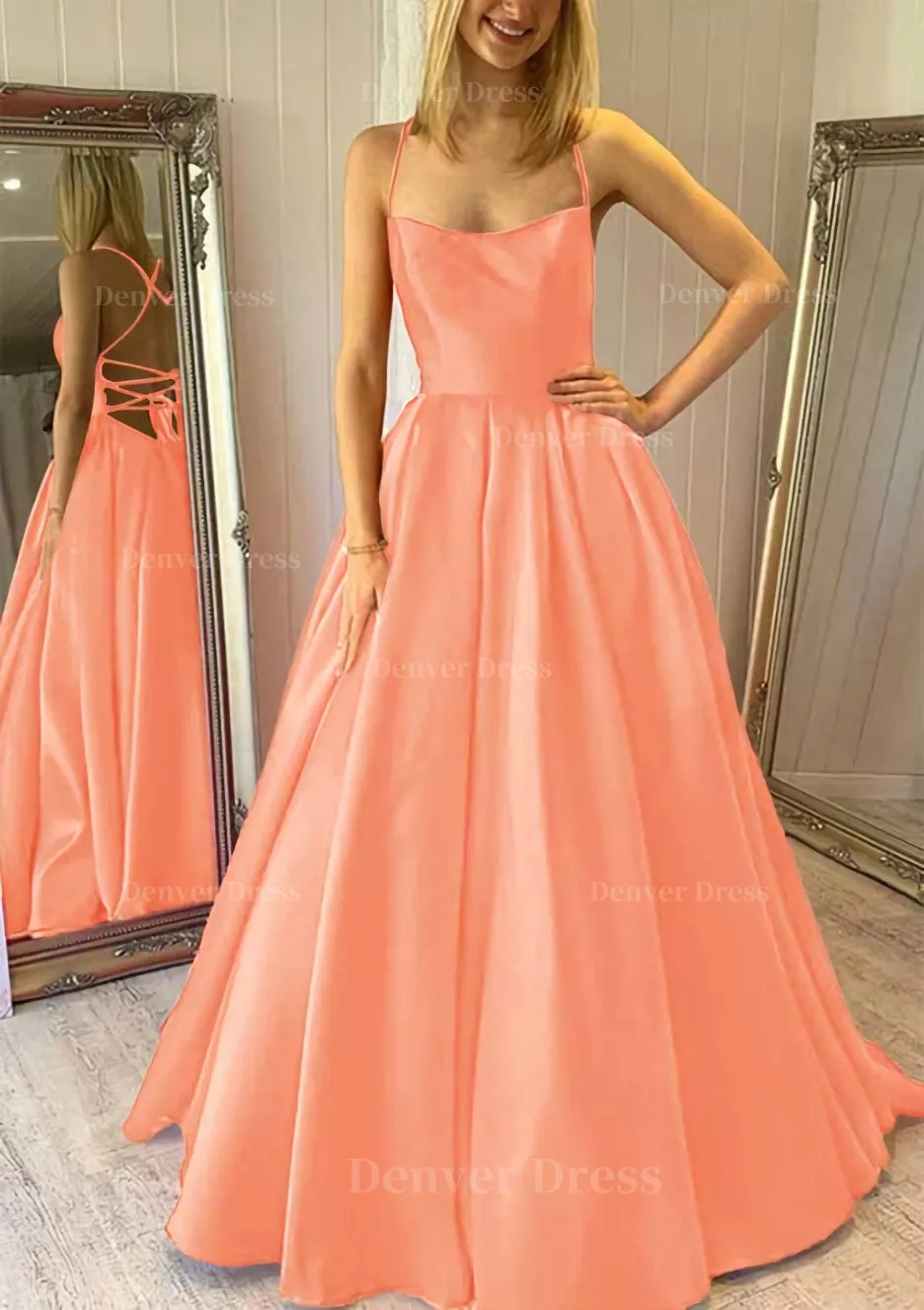 Ball Gown Square Neckline Sleeveless Satin Sweep Train Prom Dress With Pleated Pockets