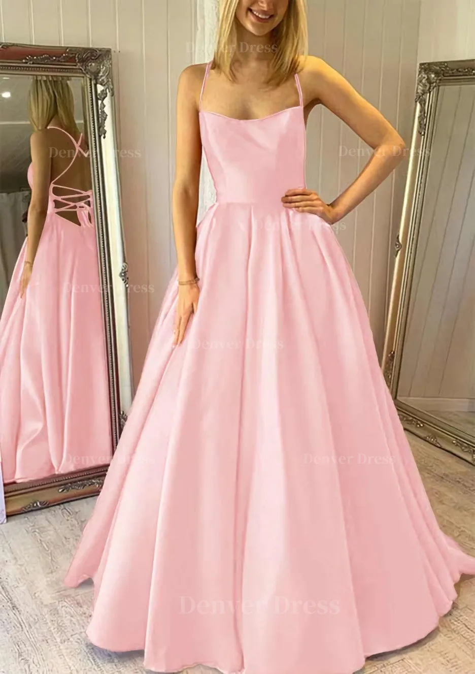 Ball Gown Square Neckline Sleeveless Satin Sweep Train Prom Dress With Pleated Pockets