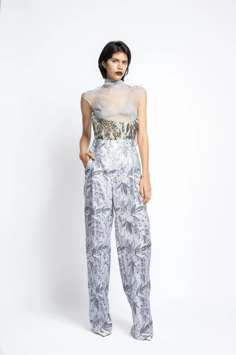 Bay Leaf Jacquard Wide Leg Pleated Trouser