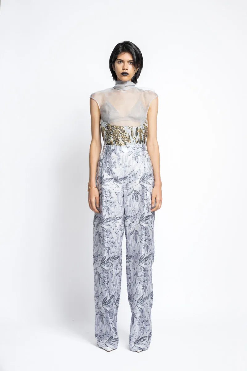 Bay Leaf Jacquard Wide Leg Pleated Trouser