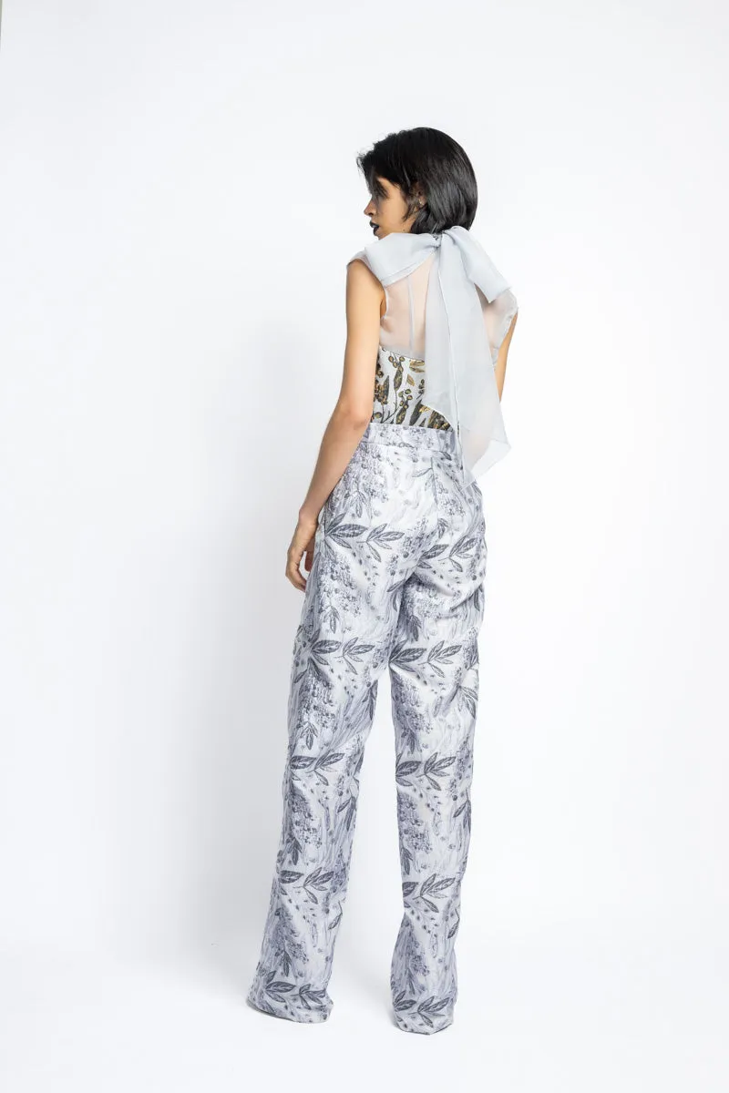 Bay Leaf Jacquard Wide Leg Pleated Trouser