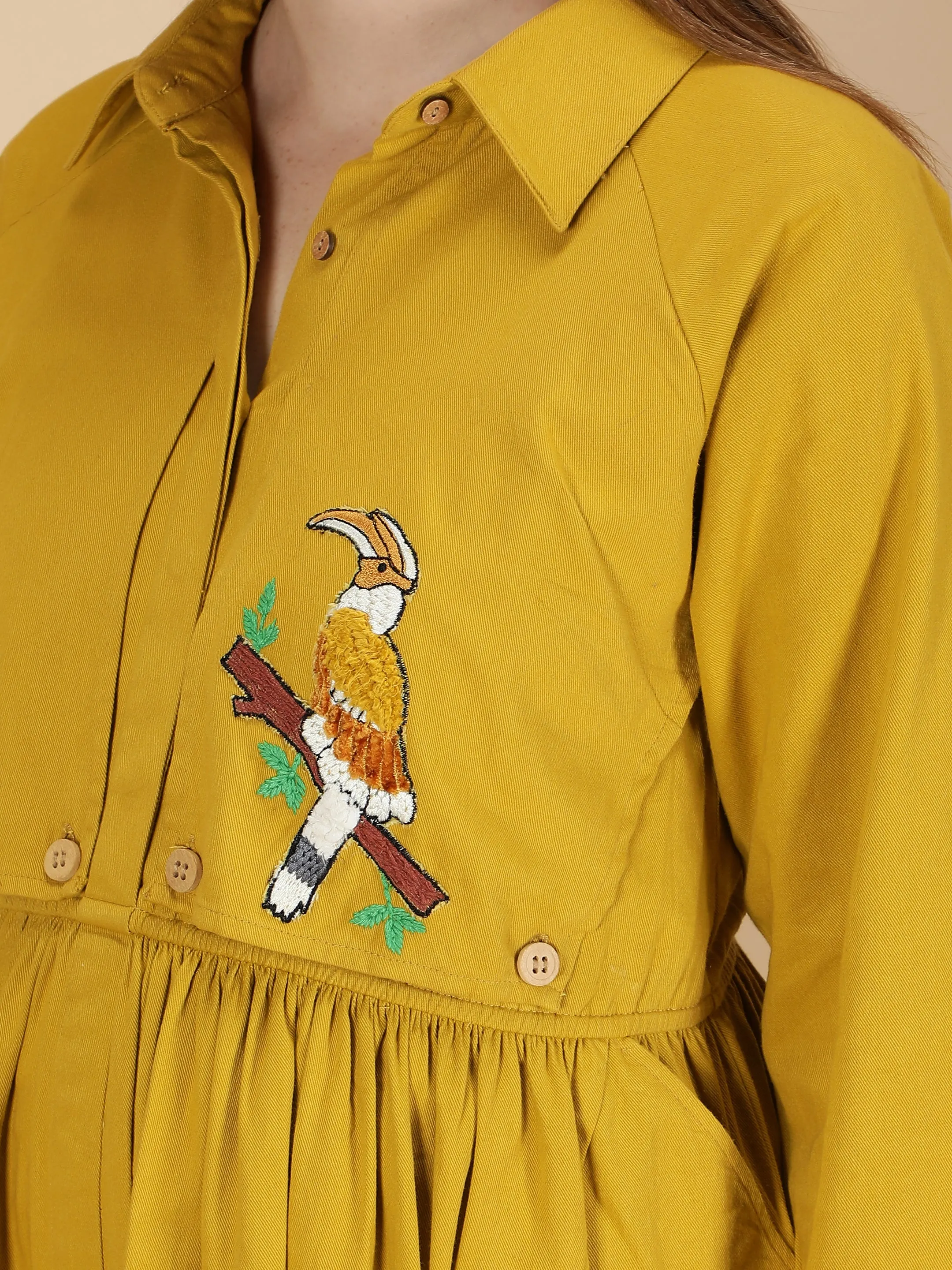 Beaky Hornbill Trench Dress- Fall yellow