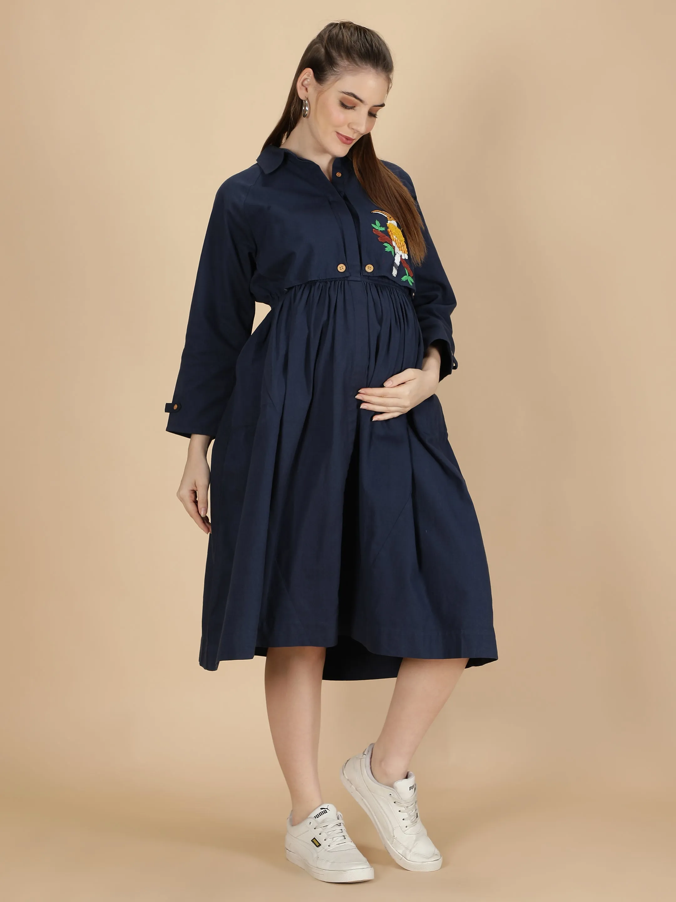 Beaky Hornbill Trench Dress- Midnight Blue