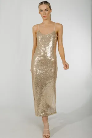 Becca Sequin Midi Dress In Gold