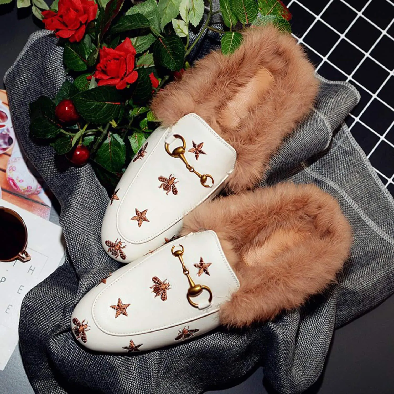 Bee Star Embroidered Furry Fur Slip on Mules