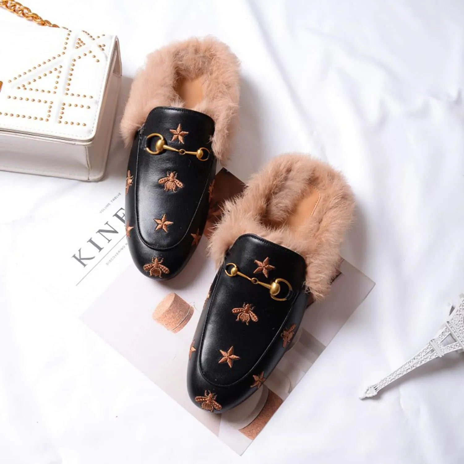 Bee Star Embroidered Furry Fur Slip on Mules