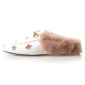 Bee Star Embroidered Furry Fur Slip on Mules