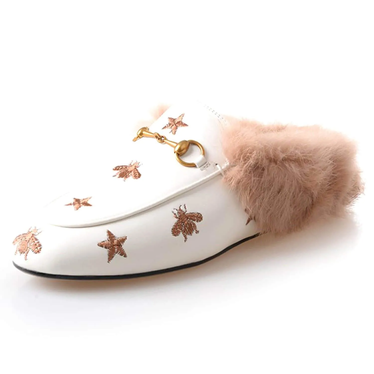 Bee Star Embroidered Furry Fur Slip on Mules