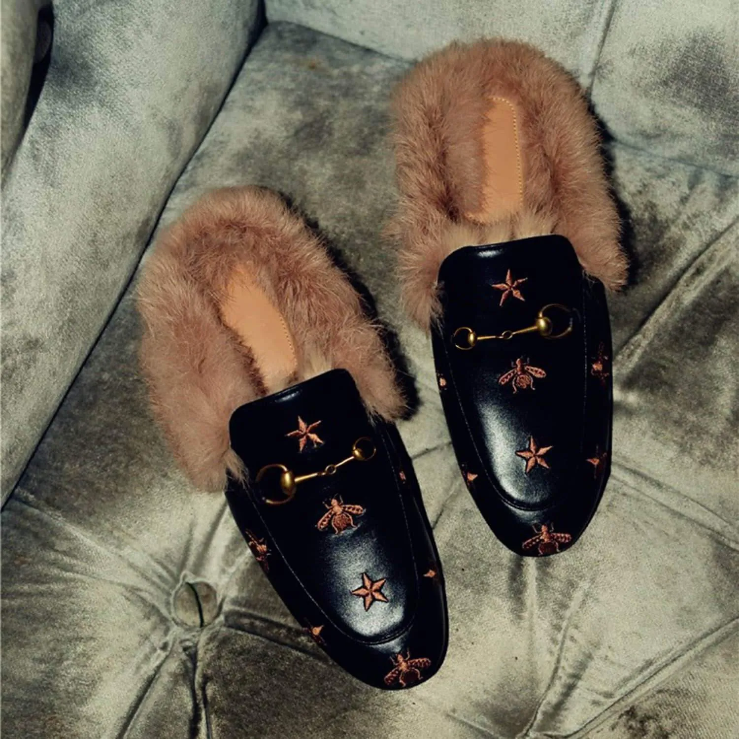 Bee Star Embroidered Furry Fur Slip on Mules