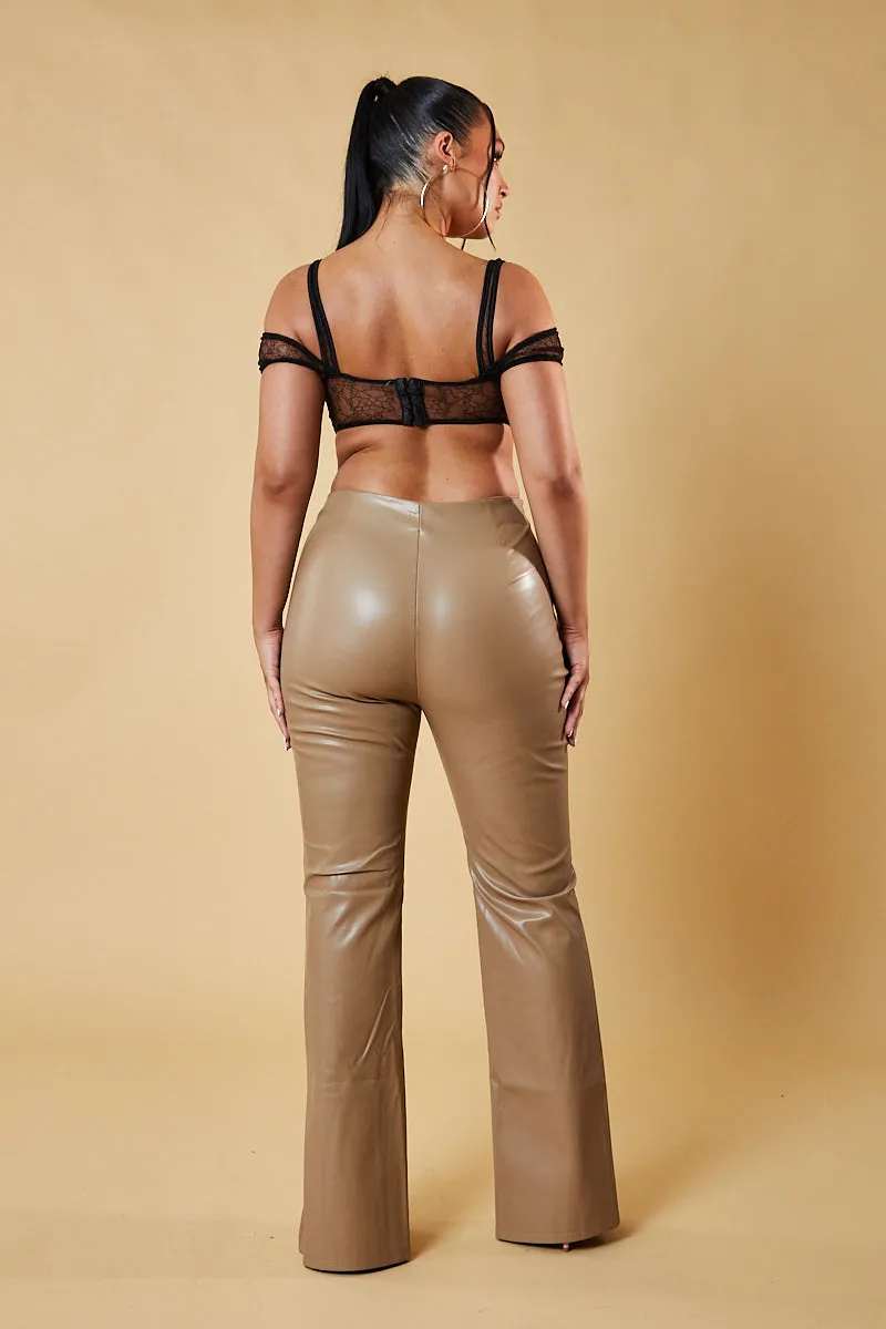 Beige Faux Leather Slit Front Trousers - Madeline