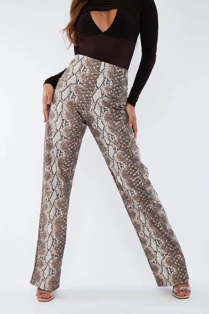 Beige PU Snake Print Leather Straight Leg Trousers - Jodie