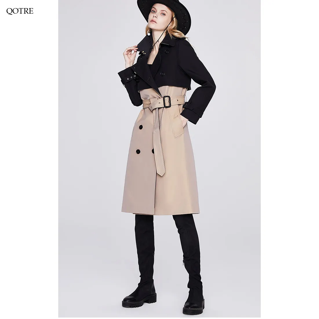 Belted Double Breasted Color Block Trench Coat