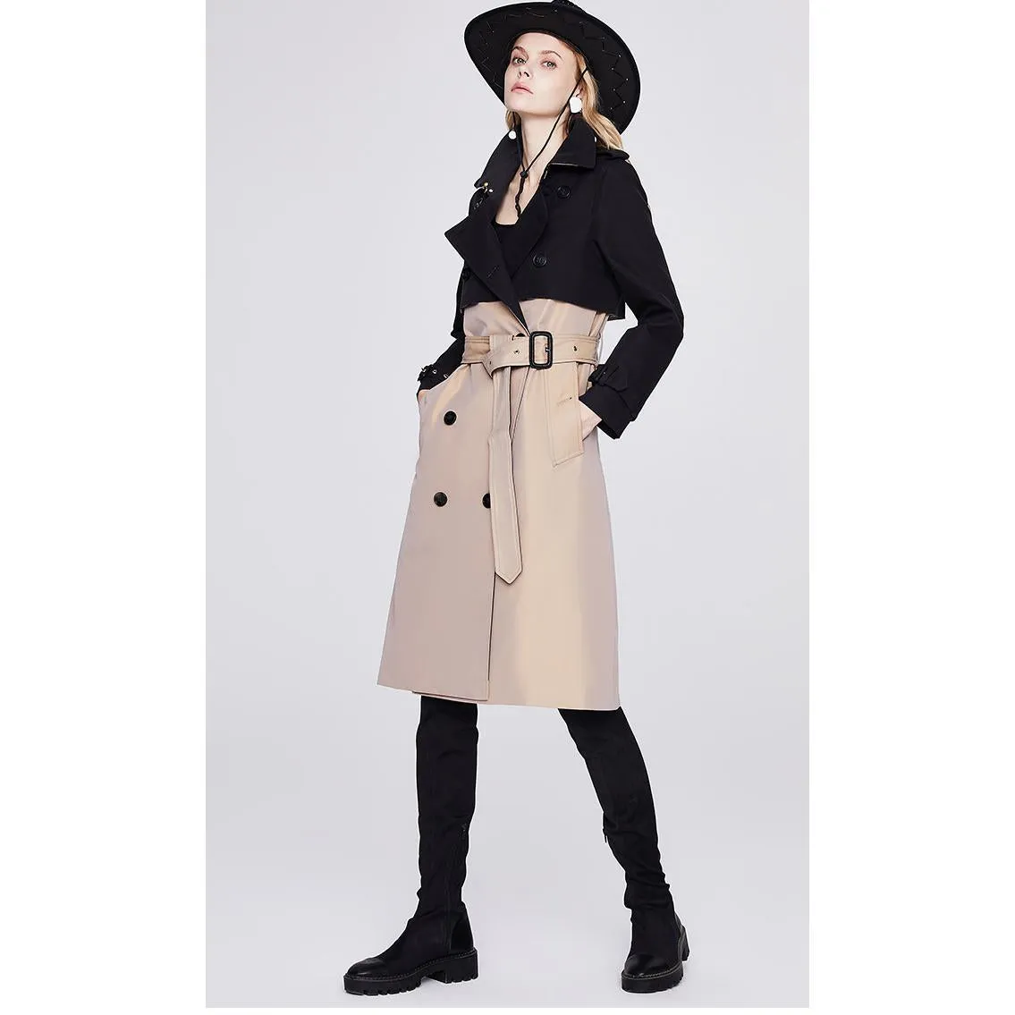 Belted Double Breasted Color Block Trench Coat