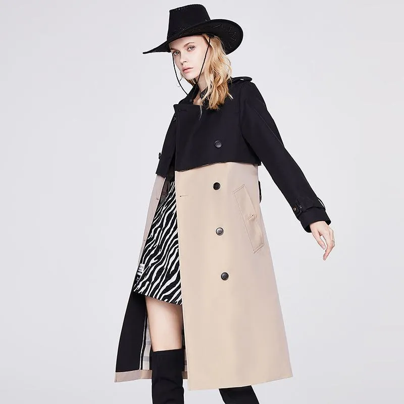 Belted Double Breasted Color Block Trench Coat