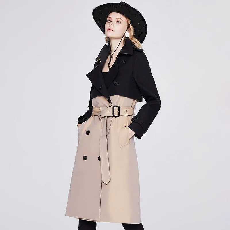 Belted Double Breasted Color Block Trench Coat