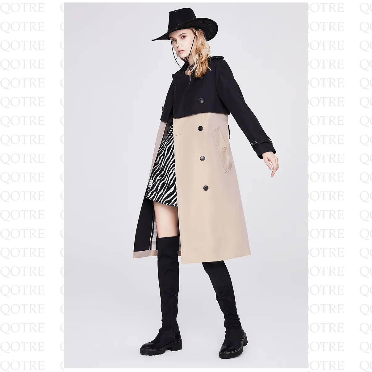 Belted Double Breasted Color Block Trench Coat