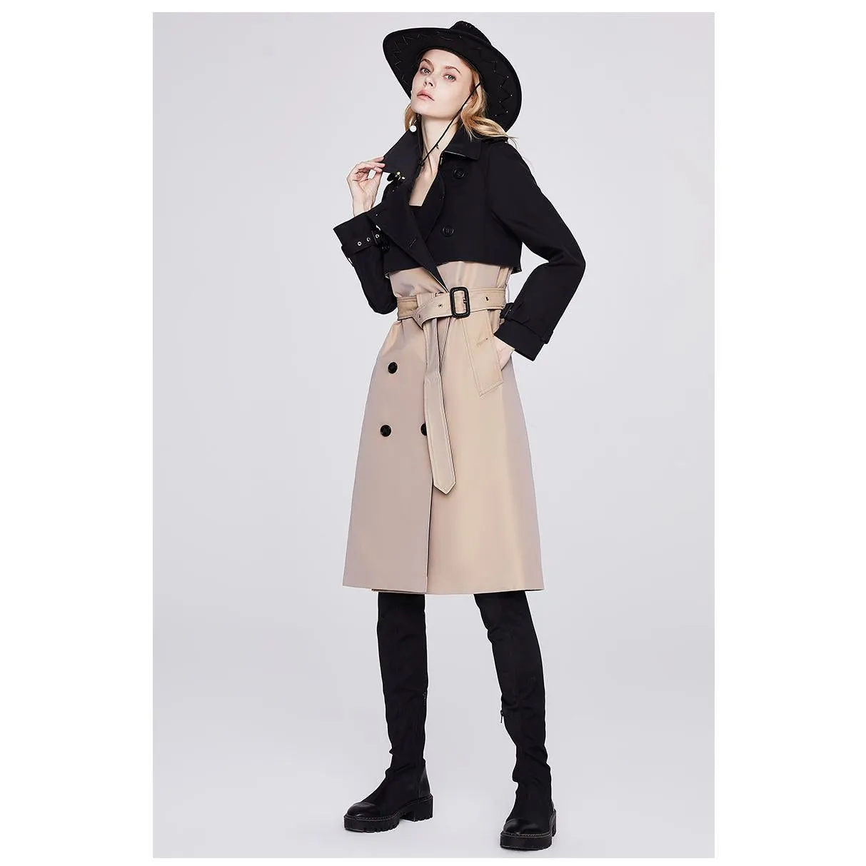 Belted Double Breasted Color Block Trench Coat