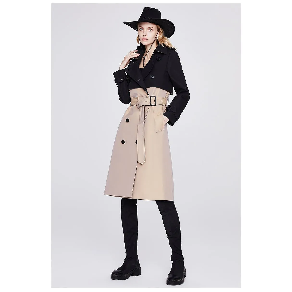 Belted Double Breasted Color Block Trench Coat