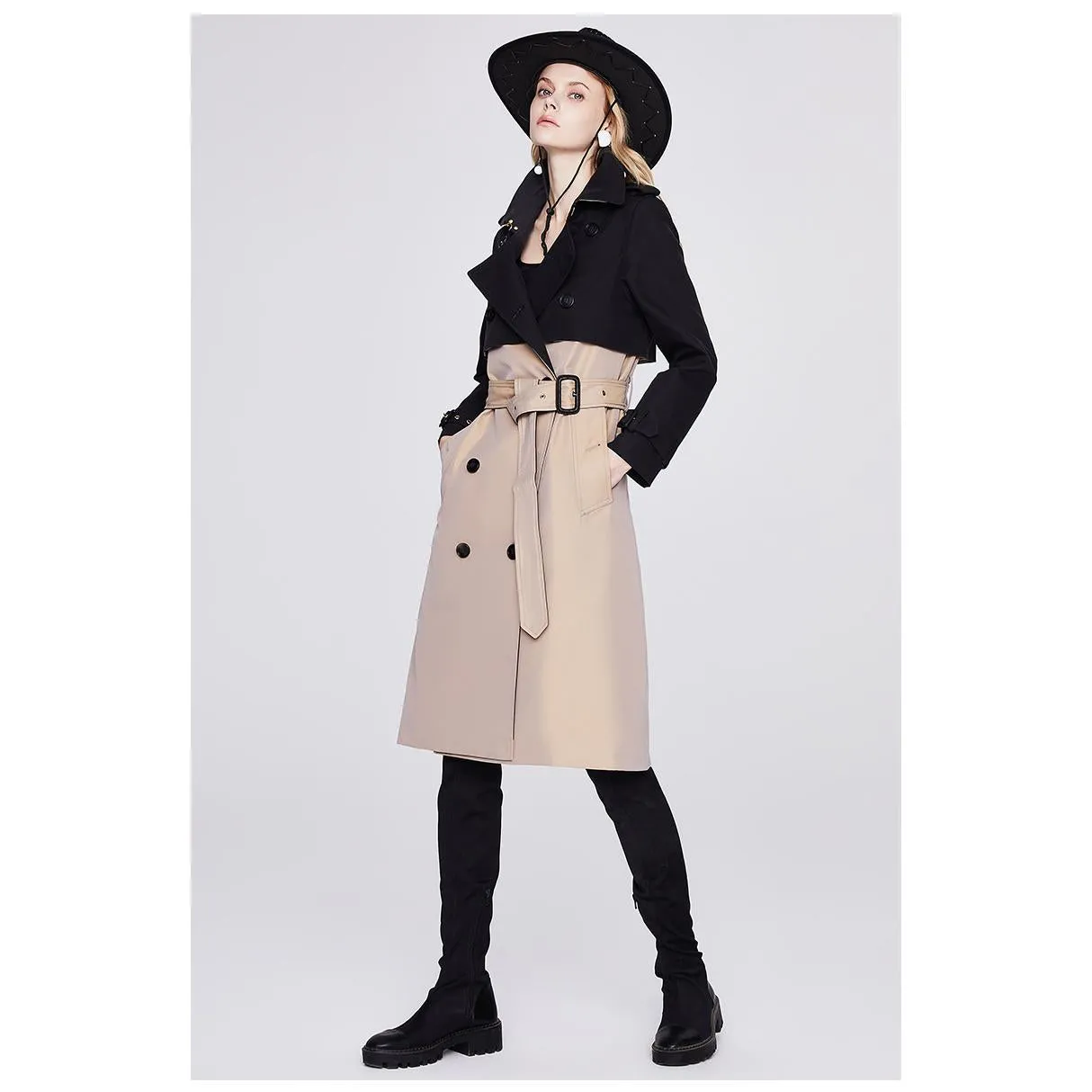 Belted Double Breasted Color Block Trench Coat