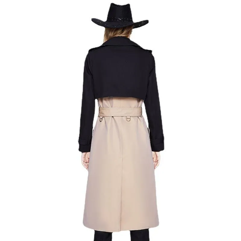 Belted Double Breasted Color Block Trench Coat