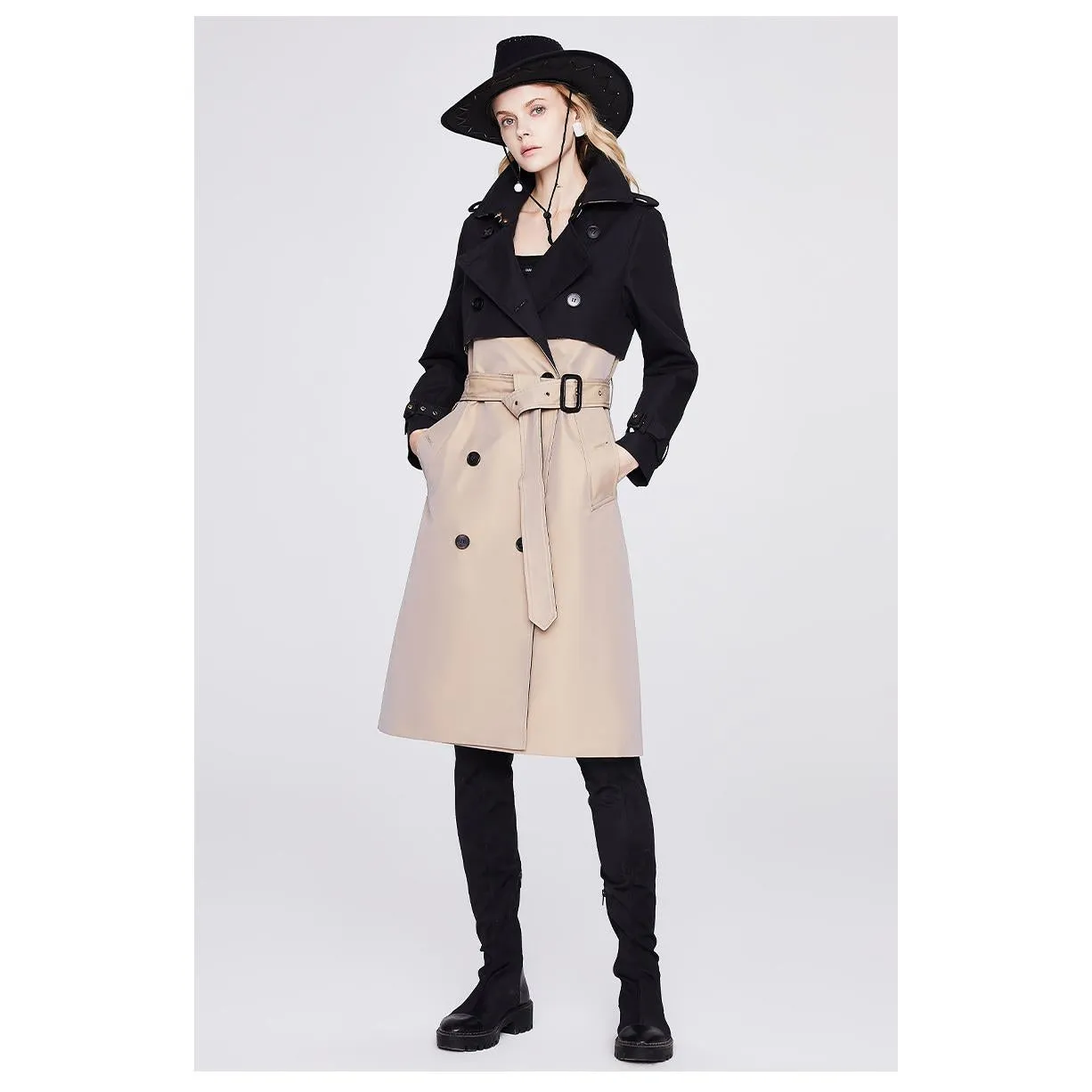 Belted Double Breasted Color Block Trench Coat