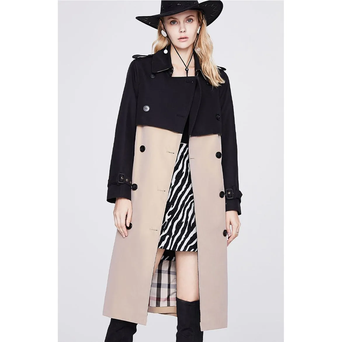 Belted Double Breasted Color Block Trench Coat