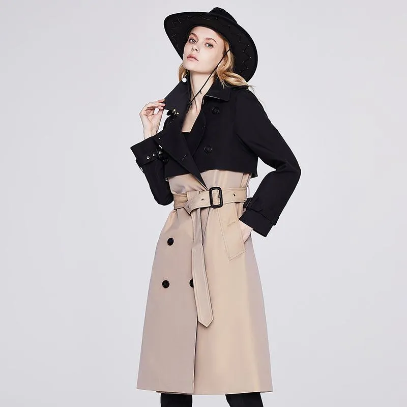 Belted Double Breasted Color Block Trench Coat