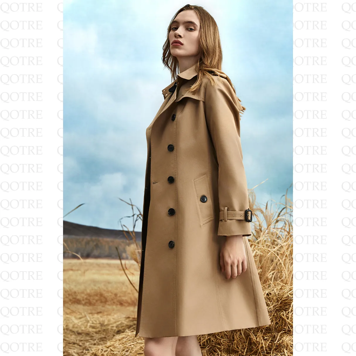 Belted Double Breasted Thigh-Length Trench Coat