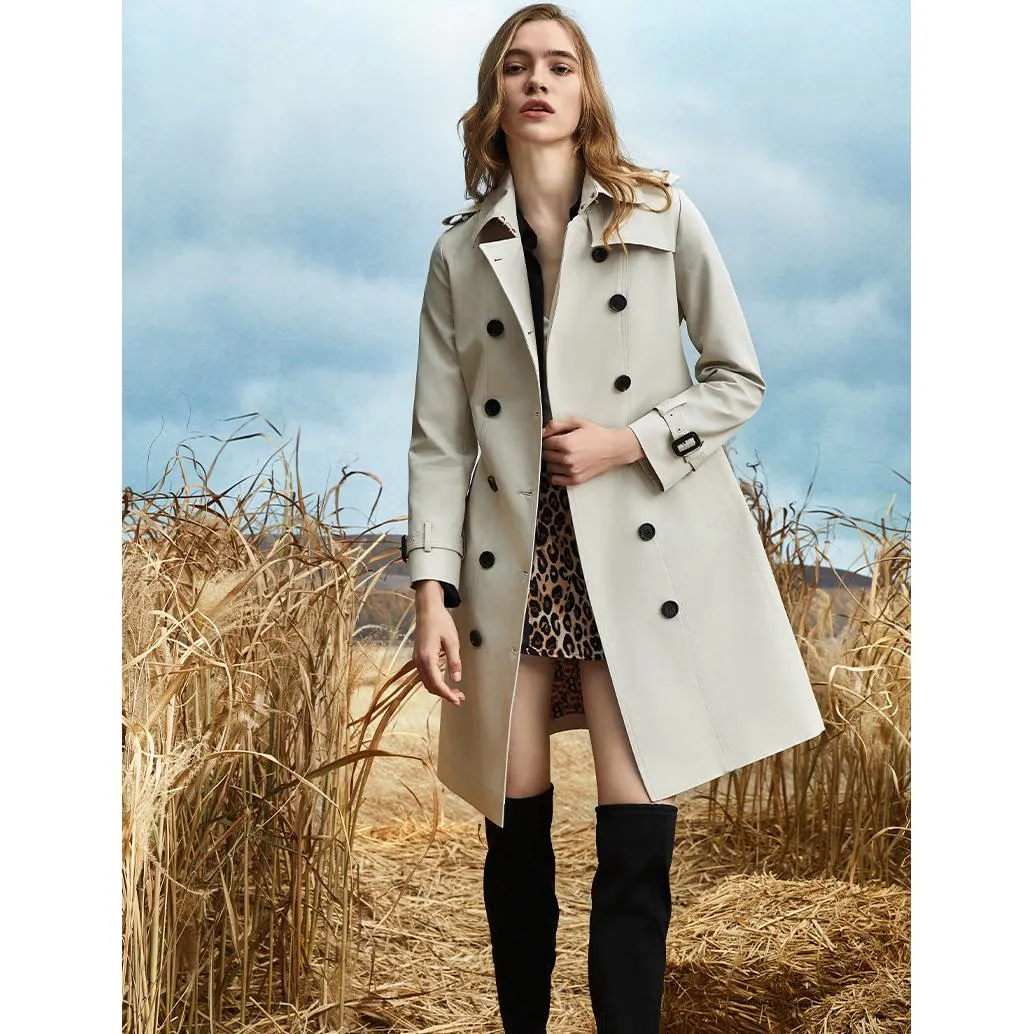 Belted Double Breasted Thigh-Length Trench Coat