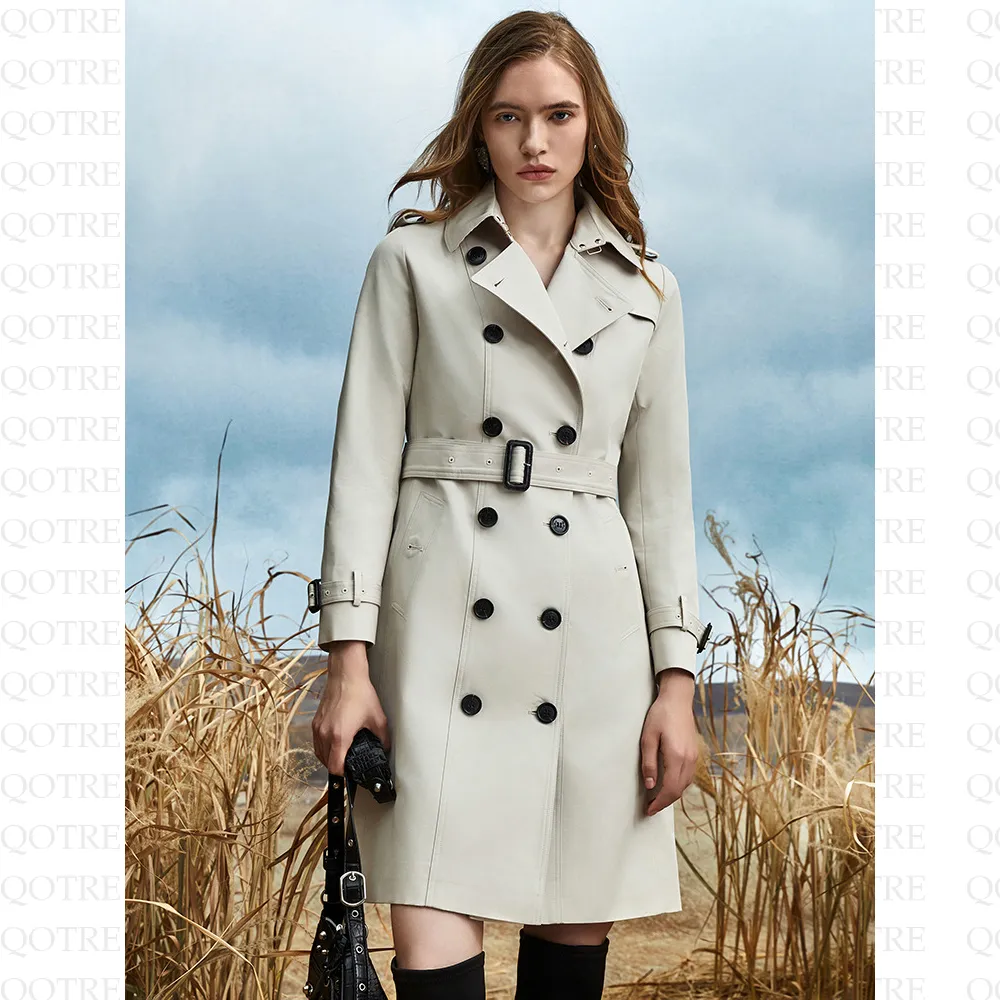 Belted Double Breasted Thigh-Length Trench Coat