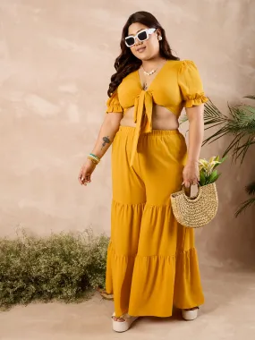 Berrylush Curve Women Solid Yellow V-Neck Puff Sleeves Front Tie-Up Cropped Top & Wide-Leg Maxi Trousers Co-Ord Set