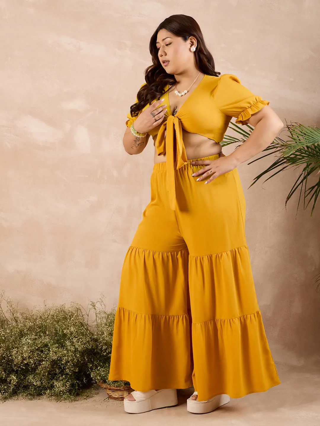 Berrylush Curve Women Solid Yellow V-Neck Puff Sleeves Front Tie-Up Cropped Top & Wide-Leg Maxi Trousers Co-Ord Set